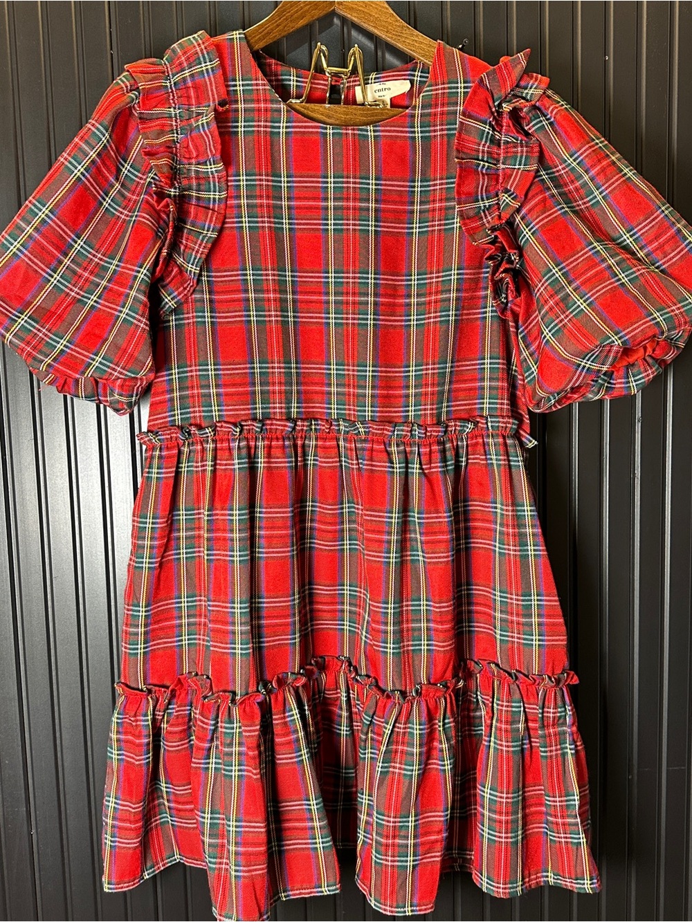 entro Red Plaid Ruffle Sleeve Tiered Dress Christmas Holiday
